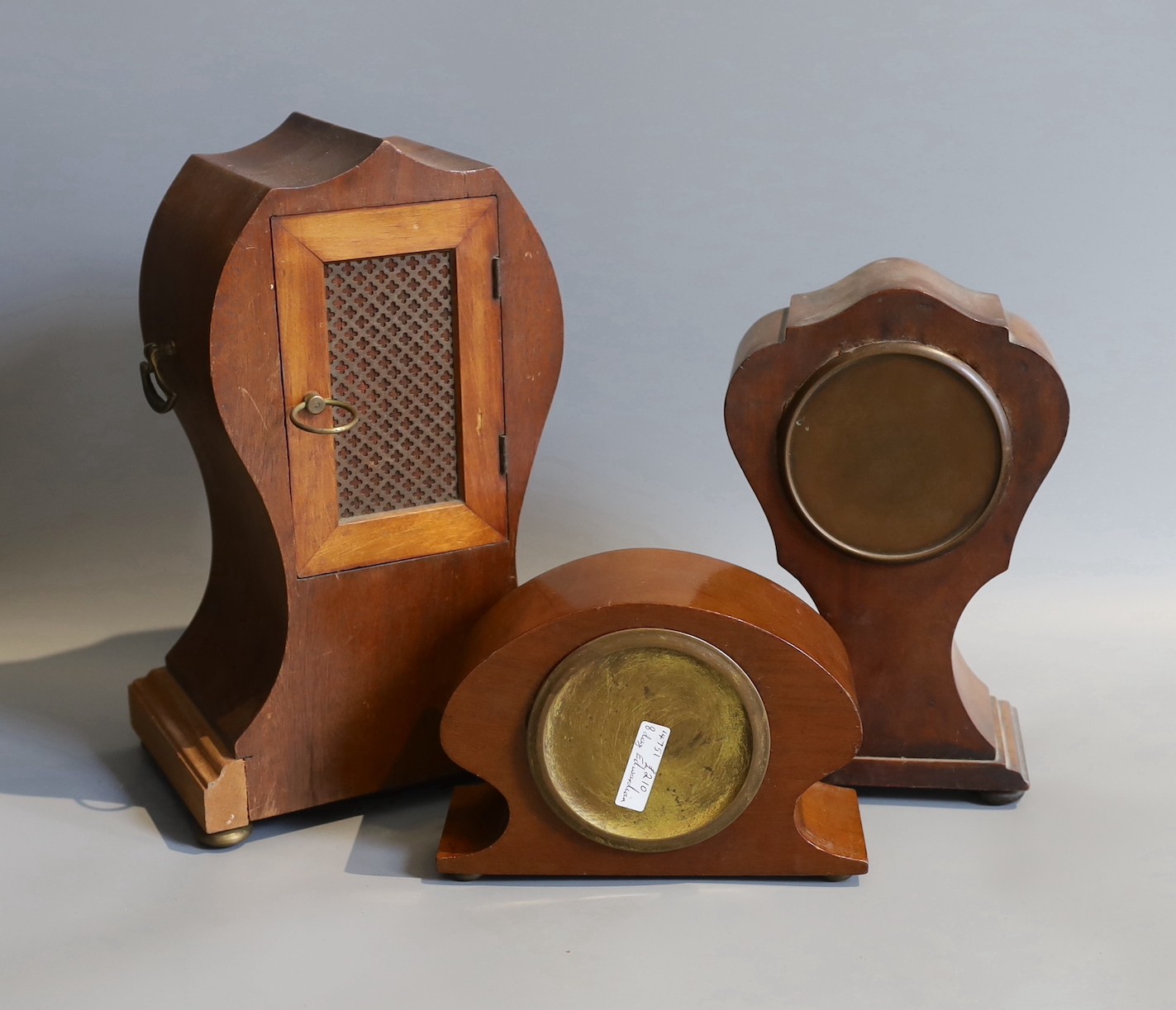 Three Edwardian inlaid mahogany eight day mantel clocks / timepieces, tallest 29cm